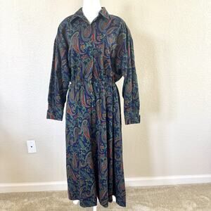 Vintage S.G.Gilbert Size 12 Dark Paisley Dress Blue Long Sleeve Velvet Buttons